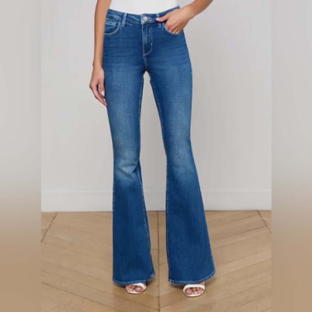 L'AGENCE Medium Blue High-Rise Bell Flare Jeans
